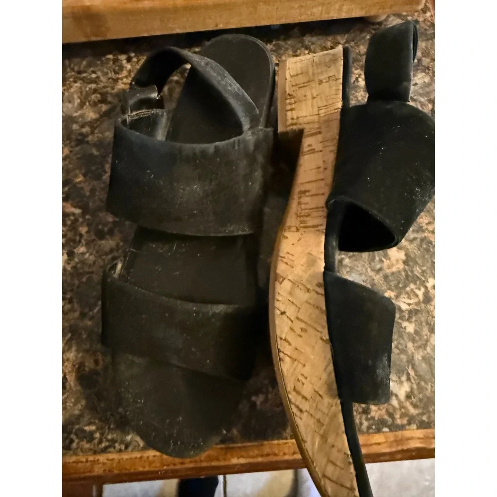 Womens Black Suede Cork Wedge Platform Slingback Sandals Size 10‎ M